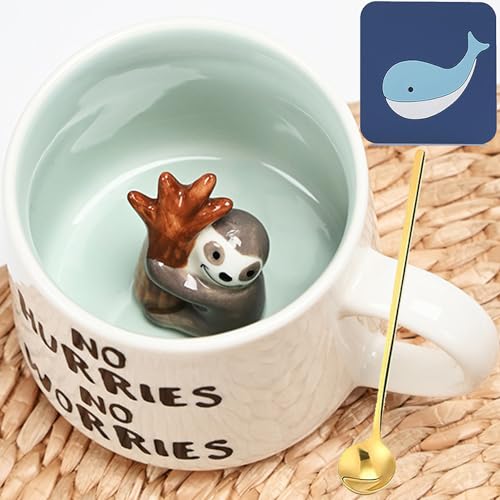 Arawat Sloth Mug Gift Funny Coffee Mug 3d Animal Sloth Mug Ceramic 350 ml Tea Mug with Spoon & Coaster Coffee Mug Cute Coffee Mug Birthday Gift for Friend Women Men