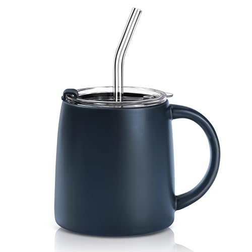 LINVIA Classic Mug, 16oz Large Coffee Mug with Handle, Ceramic Porcelain Tea Cup, Smooth Matte (Straw Flip Lid, Navy Blue)
