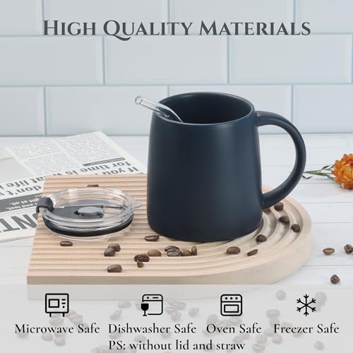 LINVIA Classic Mug, 16oz Large Coffee Mug with Handle, Ceramic Porcelain Tea Cup, Smooth Matte (Straw Flip Lid, Navy Blue)