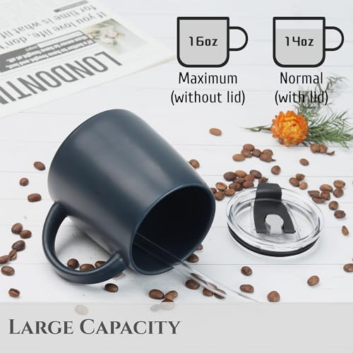 LINVIA Classic Mug, 16oz Large Coffee Mug with Handle, Ceramic Porcelain Tea Cup, Smooth Matte (Straw Flip Lid, Navy Blue)