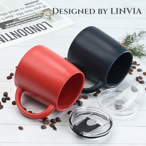 LINVIA Classic Mug, 16oz Large Coffee Mug with Handle, Ceramic Porcelain Tea Cup, Smooth Matte (Straw Flip Lid, Navy Blue)