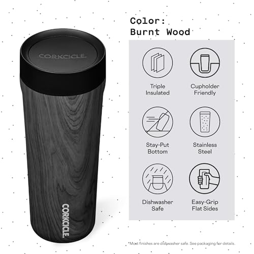 Corkcicle Commuter Cup Travel Mug with 360° Sip Lid, Burnt Wood, 17 oz – Insulated Coffee Mug with Lid Keeps Beverages Cold 18 Hours, Hot 5 Hours – Cupholder Friendly & Spill-Proof Slim Tumbler