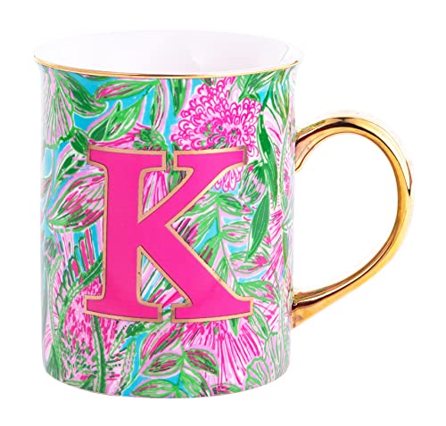 Lilly Pulitzer Initial Ceramic Coffee Mug, 14 Oz Tea Cup, Cute Mug with Gold Handle and Gift Box, K (Coming In Hot)