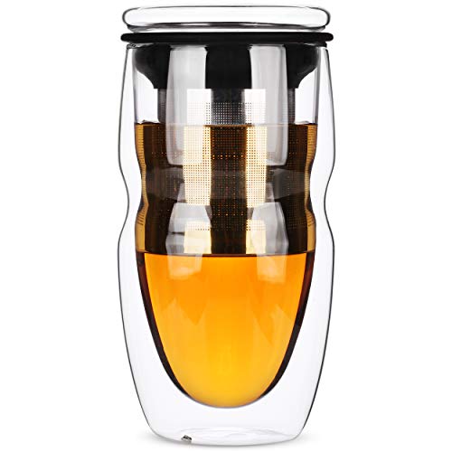 BTAT- Double Wall Glass Tea Cup With Stainless Steel Infuser & Lid, 16oz, 500ml, Tea Cup with Lid, Tea Infuser Cup, Tea Cup with Filter, Tea Cup with Infuser, Tea Infuser Mug, Tea Gifts for Tea Lovers