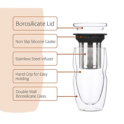 BTAT- Double Wall Glass Tea Cup With Stainless Steel Infuser & Lid, 16oz, 500ml, Tea Cup with Lid, Tea Infuser Cup, Tea Cup with Filter, Tea Cup with Infuser, Tea Infuser Mug, Tea Gifts for Tea Lovers