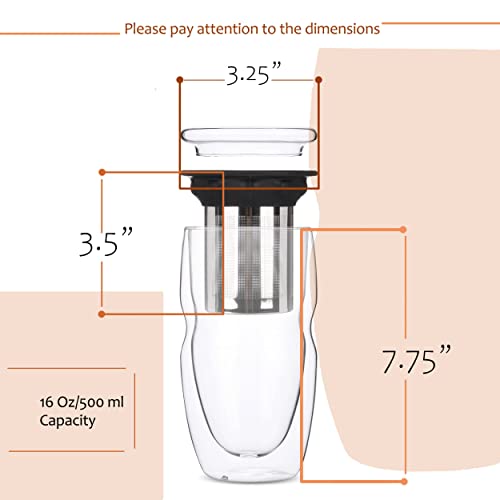 BTAT- Double Wall Glass Tea Cup With Stainless Steel Infuser & Lid, 16oz, 500ml, Tea Cup with Lid, Tea Infuser Cup, Tea Cup with Filter, Tea Cup with Infuser, Tea Infuser Mug, Tea Gifts for Tea Lovers