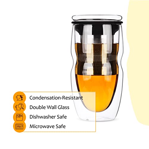 BTAT- Double Wall Glass Tea Cup With Stainless Steel Infuser & Lid, 16oz, 500ml, Tea Cup with Lid, Tea Infuser Cup, Tea Cup with Filter, Tea Cup with Infuser, Tea Infuser Mug, Tea Gifts for Tea Lovers