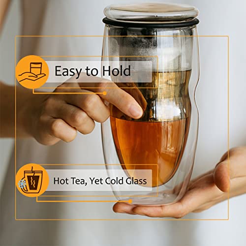 BTAT- Double Wall Glass Tea Cup With Stainless Steel Infuser & Lid, 16oz, 500ml, Tea Cup with Lid, Tea Infuser Cup, Tea Cup with Filter, Tea Cup with Infuser, Tea Infuser Mug, Tea Gifts for Tea Lovers