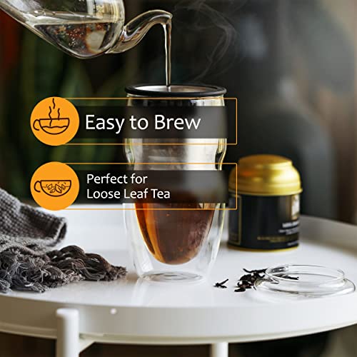 BTAT- Double Wall Glass Tea Cup With Stainless Steel Infuser & Lid, 16oz, 500ml, Tea Cup with Lid, Tea Infuser Cup, Tea Cup with Filter, Tea Cup with Infuser, Tea Infuser Mug, Tea Gifts for Tea Lovers