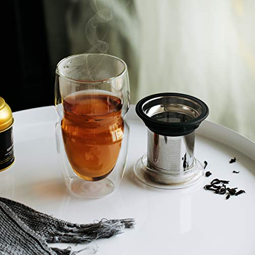 BTAT- Double Wall Glass Tea Cup With Stainless Steel Infuser & Lid, 16oz, 500ml, Tea Cup with Lid, Tea Infuser Cup, Tea Cup with Filter, Tea Cup with Infuser, Tea Infuser Mug, Tea Gifts for Tea Lovers