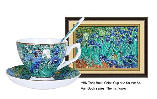 YBK Tech Bone China Cup and Saucer Set, 7oz Tea Cup - Design Inspired by Van Gogh's Paintings (Iris flower)