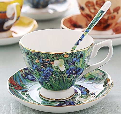 YBK Tech Bone China Cup and Saucer Set, 7oz Tea Cup - Design Inspired by Van Gogh's Paintings (Iris flower)