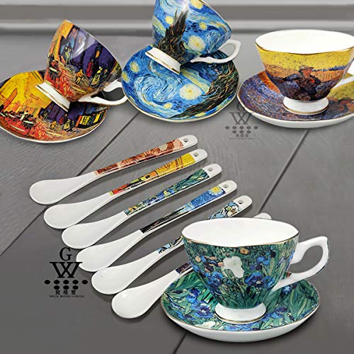 YBK Tech Bone China Cup and Saucer Set, 7oz Tea Cup - Design Inspired by Van Gogh's Paintings (Iris flower)