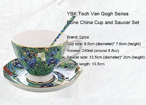 YBK Tech Bone China Cup and Saucer Set, 7oz Tea Cup - Design Inspired by Van Gogh's Paintings (Iris flower)