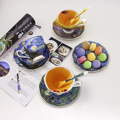 YBK Tech Bone China Cup and Saucer Set, 7oz Tea Cup - Design Inspired by Van Gogh's Paintings (Iris flower)