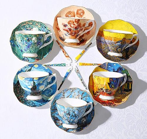 YBK Tech Bone China Cup and Saucer Set, 7oz Tea Cup - Design Inspired by Van Gogh's Paintings (Iris flower)