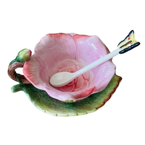 Minigift Ceramic Tea Cup and Saucer Set ,6OZ 3D Hand-Painted Flower and Lotus Leaf Coffee Mug,Gift for Women- Pink Rose