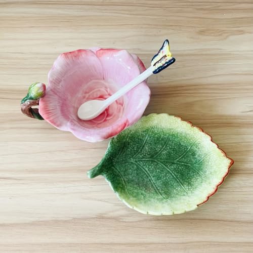 Minigift Ceramic Tea Cup and Saucer Set ，6OZ 3D Hand-Painted Flower and Lotus Leaf Coffee Mug，Gift for Women- Pink Rose