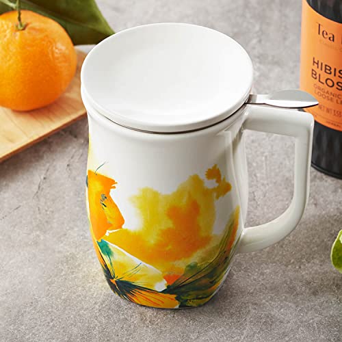 Tea Forte Fiore Ceramic Tea Mug with Infuser and Lid, Wild Poppy, 14 oz. Ceramic Cup with Handle for Steeping Loose Leaf Tea, Dishwasher & Microwave Safe