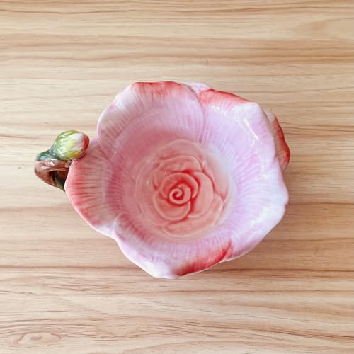 Minigift Ceramic Tea Cup and Saucer Set ，6OZ 3D Hand-Painted Flower and Lotus Leaf Coffee Mug，Gift for Women- Pink Rose