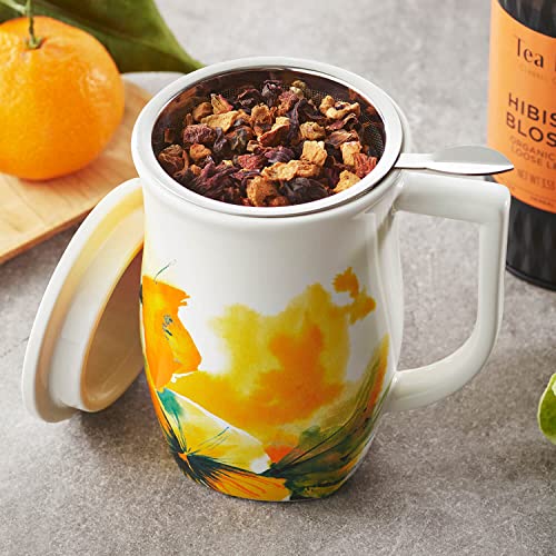Tea Forte Fiore Ceramic Tea Mug with Infuser and Lid, Wild Poppy, 14 oz. Ceramic Cup with Handle for Steeping Loose Leaf Tea, Dishwasher & Microwave Safe