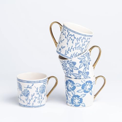 TERESA'S TEASET Ceramic Coffee Mug Set of 4, 12.5 oz Tea Cup Set with Blue and White Floral Pattern, Coffee Mug Gift Set for Women, Friends, Birthday and Mother's Day, Dishwasher Safe