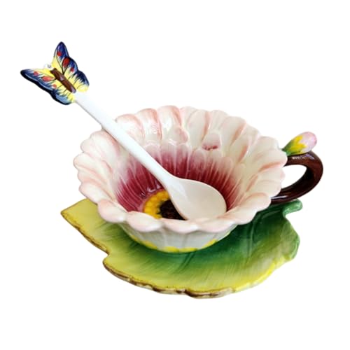 Minigift Ceramic Tea Cup and Saucer Set ,6OZ 3D Hand-Painted Daisy Flower Coffee Mug,Gift for Women