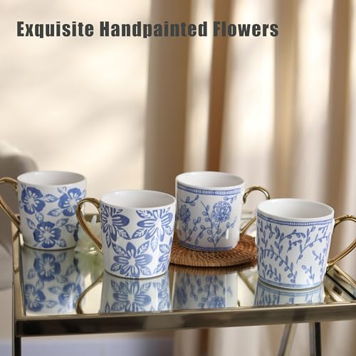 TERESA'S TEASET Ceramic Coffee Mug Set of 4, 12.5 oz Tea Cup Set with Blue and White Floral Pattern, Coffee Mug Gift Set for Women, Friends, Birthday and Mother's Day, Dishwasher Safe