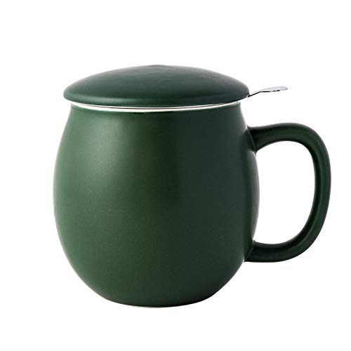 Yundu 12 OZ Matte Green Porcelain Teacup with Infuser and Lid, Mug with Lid for Steeping - Thankgiving Father Day Christmas Gift for parents - Fun Cup for Men, Women, Him, Her