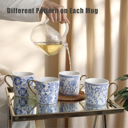 TERESA'S TEASET Ceramic Coffee Mug Set of 4, 12.5 oz Tea Cup Set with Blue and White Floral Pattern, Coffee Mug Gift Set for Women, Friends, Birthday and Mother's Day, Dishwasher Safe