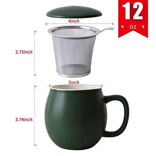 Yundu 12 OZ Matte Green Porcelain Teacup with Infuser and Lid, Mug with Lid for Steeping - Thankgiving Father Day Christmas Gift for parents - Fun Cup for Men, Women, Him, Her