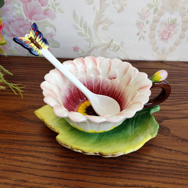 Minigift Ceramic Tea Cup and Saucer Set ，6OZ 3D Hand-Painted Daisy Flower Coffee Mug，Gift for Women