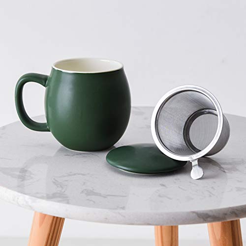 Yundu 12 OZ Matte Green Porcelain Teacup with Infuser and Lid, Mug with Lid for Steeping - Thankgiving Father Day Christmas Gift for parents - Fun Cup for Men, Women, Him, Her