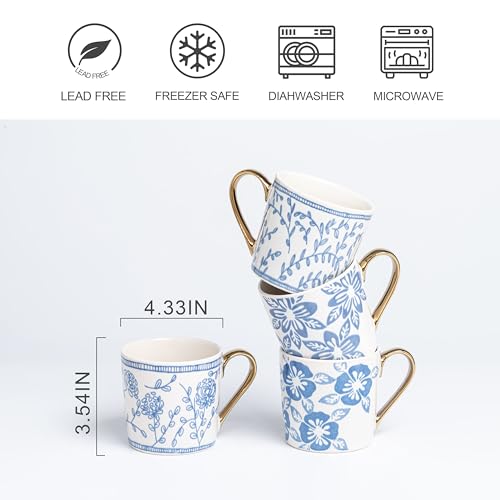 TERESA'S TEASET Ceramic Coffee Mug Set of 4, 12.5 oz Tea Cup Set with Blue and White Floral Pattern, Coffee Mug Gift Set for Women, Friends, Birthday and Mother's Day, Dishwasher Safe