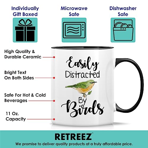 Retreez Funny Mug - Easily Distracted by Birds Nature Lover Ornithology 11 Oz Ceramic Coffee Mugs - Sarcasm Sarcastic Motivational Inspirational birthday gifts - White Mug with Black Handle and Inner