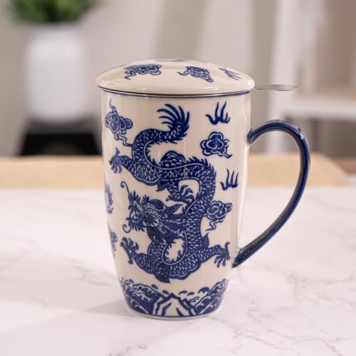 Urban Tokyo Tea Mug With Lid and Stainless Steel Infuser For Loose Leaf Tea Bag Tea Cup 15oz Porcelain Hot Beverage Everyday Use Home Office (Ryu Dragon)