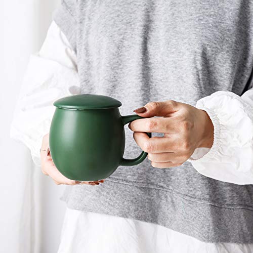 Yundu 12 OZ Matte Green Porcelain Teacup with Infuser and Lid, Mug with Lid for Steeping - Thankgiving Father Day Christmas Gift for parents - Fun Cup for Men, Women, Him, Her