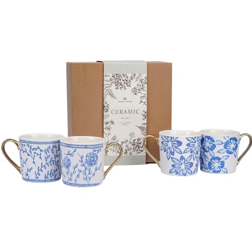 TERESA'S TEASET Ceramic Coffee Mug Set of 4, 12.5 oz Tea Cup Set with Blue and White Floral Pattern, Coffee Mug Gift Set for Women, Friends, Birthday and Mother's Day, Dishwasher Safe