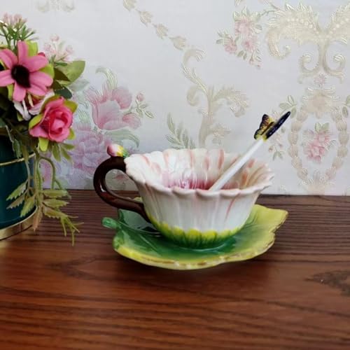 Minigift Ceramic Tea Cup and Saucer Set ，6OZ 3D Hand-Painted Daisy Flower Coffee Mug，Gift for Women