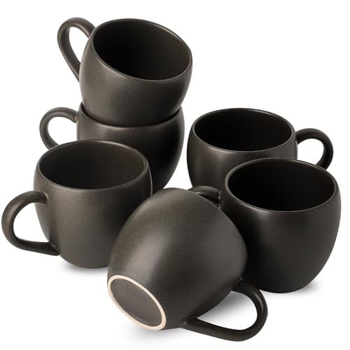 Tikooere Coffee Mugs Set of 6, Ceramic 16 oz Coffee Cups with Big Handle for Coffee, Milk, Tea, Latte, Cereal, Unique Glaze Stoneware Mugs for Christmas Gifts, Microwave & Dishwasher Safe, Black