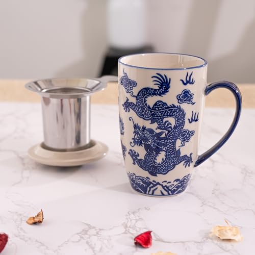 Urban Tokyo Tea Mug With Lid and Stainless Steel Infuser For Loose Leaf Tea Bag Tea Cup 15oz Porcelain Hot Beverage Everyday Use Home Office (Ryu Dragon)