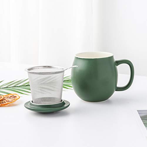 Yundu 12 OZ Matte Green Porcelain Teacup with Infuser and Lid, Mug with Lid for Steeping - Thankgiving Father Day Christmas Gift for parents - Fun Cup for Men, Women, Him, Her
