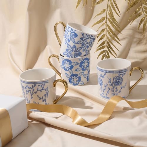 TERESA'S TEASET Ceramic Coffee Mug Set of 4, 12.5 oz Tea Cup Set with Blue and White Floral Pattern, Coffee Mug Gift Set for Women, Friends, Birthday and Mother's Day, Dishwasher Safe