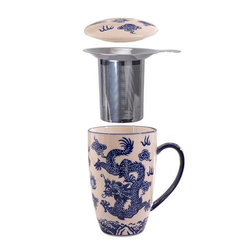 Urban Tokyo Tea Mug With Lid and Stainless Steel Infuser For Loose Leaf Tea Bag Tea Cup 15oz Porcelain Hot Beverage Everyday Use Home Office (Ryu Dragon)