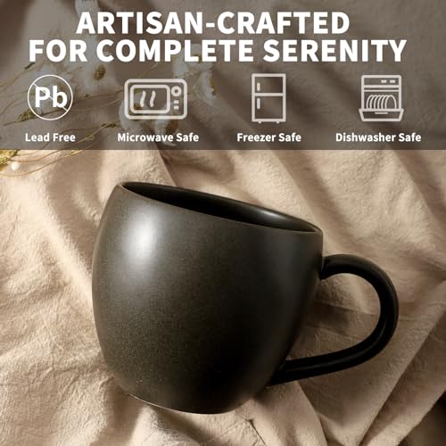 Tikooere Coffee Mugs Set of 6, Ceramic 16 oz Coffee Cups with Big Handle for Coffee, Milk, Tea, Latte, Cereal, Unique Glaze Stoneware Mugs for Christmas Gifts, Microwave & Dishwasher Safe, Black
