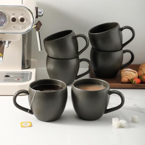 Tikooere Coffee Mugs Set of 6, Ceramic 16 oz Coffee Cups with Big Handle for Coffee, Milk, Tea, Latte, Cereal, Unique Glaze Stoneware Mugs for Christmas Gifts, Microwave & Dishwasher Safe, Black
