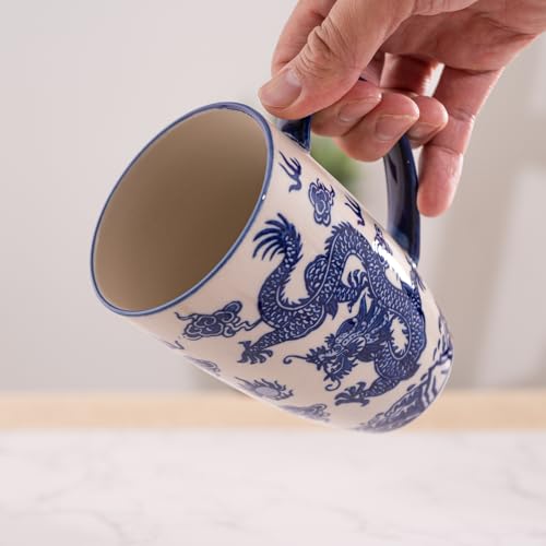 Urban Tokyo Tea Mug With Lid and Stainless Steel Infuser For Loose Leaf Tea Bag Tea Cup 15oz Porcelain Hot Beverage Everyday Use Home Office (Ryu Dragon)