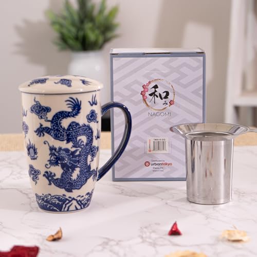 Urban Tokyo Tea Mug With Lid and Stainless Steel Infuser For Loose Leaf Tea Bag Tea Cup 15oz Porcelain Hot Beverage Everyday Use Home Office (Ryu Dragon)