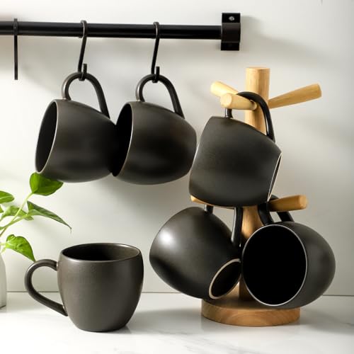 Tikooere Coffee Mugs Set of 6, Ceramic 16 oz Coffee Cups with Big Handle for Coffee, Milk, Tea, Latte, Cereal, Unique Glaze Stoneware Mugs for Christmas Gifts, Microwave & Dishwasher Safe, Black