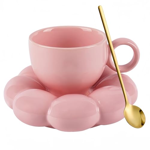 ARISKEY Ceramic Cloud Mug Coffee Mug with Sunflower Coaster- Flower Cups Novelty Coffee Mug Set with Saucer and Spoon- 6.5 oz/200 ml Creative Mug for Latte Milk and Tea-Pink